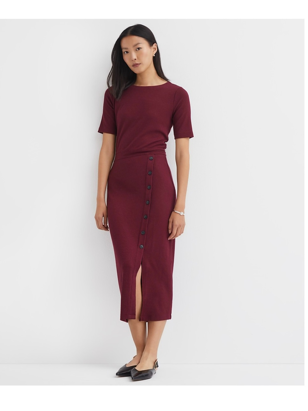 LOFT Burgundy Button-Front Midi Dress